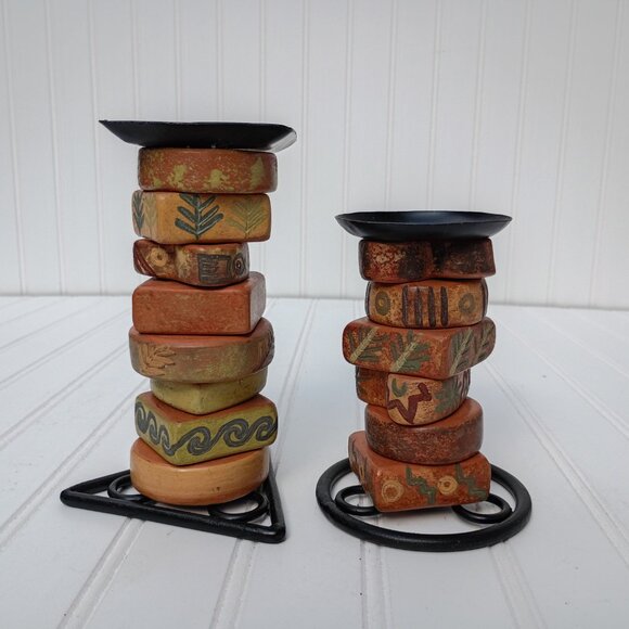 Southwestern Candlesticks Stacked Pottery Pieces Wrought Iron Candle Holder Pair - Picture 4 of 12
